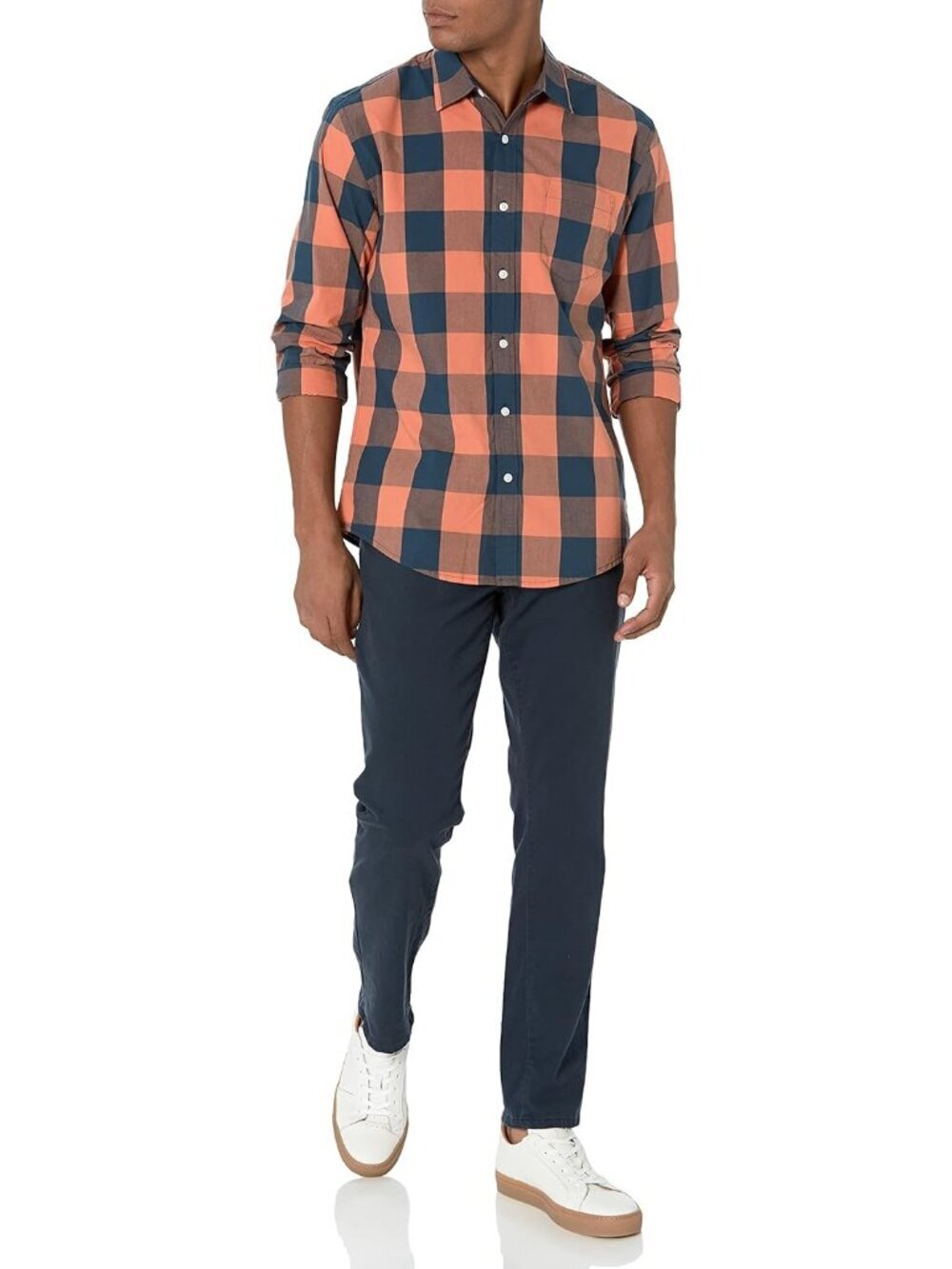 Men's Navy Orange Buffalo 100% Cotton Imported Long-Sleeve Casual Poplin Shirt - Picture 5 of 5